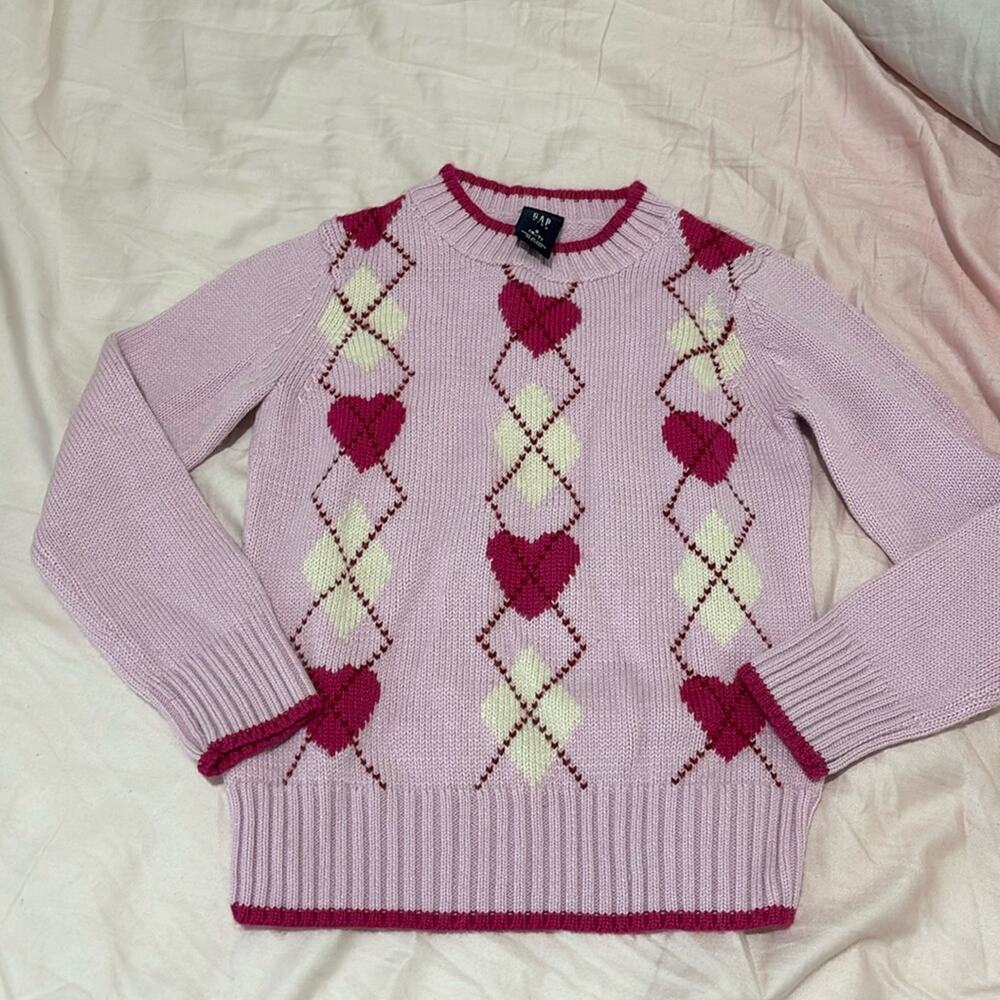 Gap S 6/7 pink raspberry heart diamond argyle sweater wool cotton blend euc